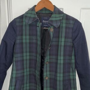 Madewell Navy and Green Plaid Trench Coat